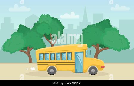 Horizontal landscape with a yellow school bus. Back to school. New academic year. Flat cartoon illustration. Stock Vector