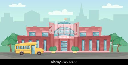 School building in cartoon style. Flat vector horizontal landscape. School yellow bus. Green trees. Stock Vector