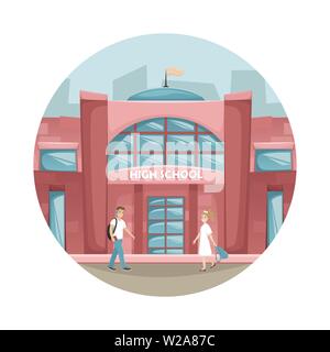 School building in cartoon style. Flat vector horizontal landscape. Students near the school. Round frame. Stock Vector