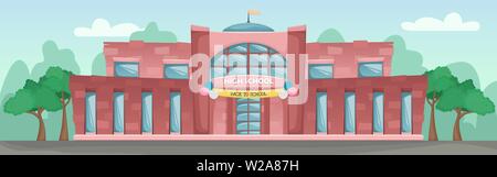 School building in cartoon style. Flat vector horizontal landscape. Back to school. Stock Vector