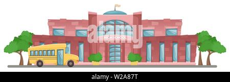 School building in cartoon style. Flat vector horizontal landscape. School yellow bus. Green trees. Stock Vector