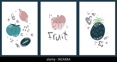 Set of cute creative card with fruits and vegetables. Vector cartoon illustrations. Stock Vector