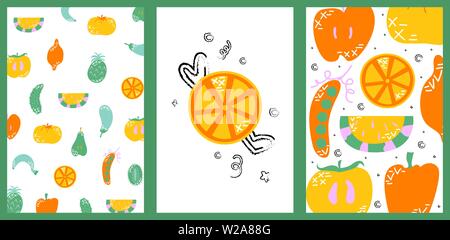 Set of cute creative card with fruits and vegetables. Vector cartoon illustrations. Stock Vector
