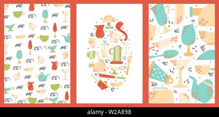 Set of hand drawn cards with kitchen appliances. Cooking vector illustrations Stock Vector
