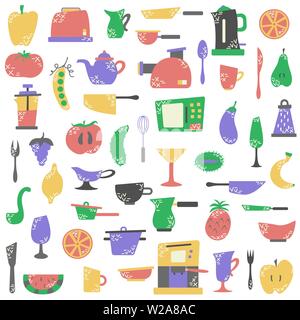 Set of cute isolated elements with fruits and vegetables, kitchen appliances. Flat illustrations. Stock Vector