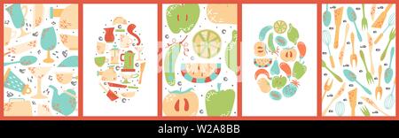 Set of hand drawn cards with fruits and vegetables; kitchen appliances. Vector cartoon food. Stock Vector