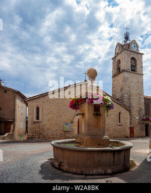 Presbytere Church and Memorial Fountain in Greoux-les-Bains, Provence France Stock Photo