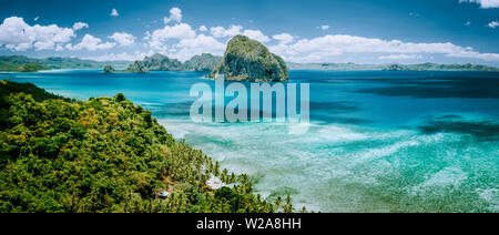 Panoramic aerial view of tropical Palawan island with unique Pinagbuyutan island on horizon. El Nido-Philippines Southeast Asia Bacuit archipelago Stock Photo