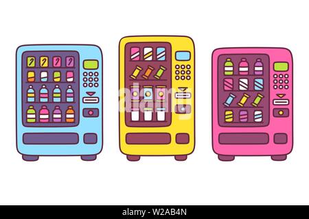 Cute cartoon vending machine drawing set. Automated snack food machines with drink bottles, chips and candy. Simple doodle style vector illustration. Stock Vector