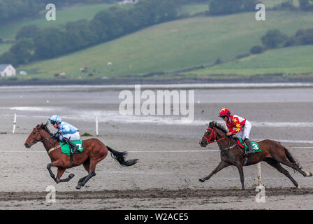 Courtmacsherry, Cork, Ireland. 07th July, 2019. Hello Thunder gallops ahead of Sore Loser to win the Stewards Plate at the annual Strand Races that was held in Courtmacsherry, Co. Cork, Ireland. Stock Photo