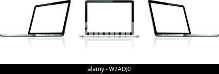 Isolated laptops with empty space on white background. Computer notebooks with empty screen. Stock Vector
