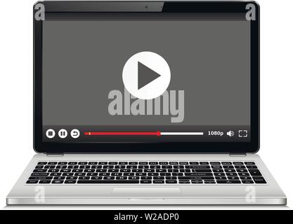 Laptop with video player on screen. Online streaming service on laptop Stock Vector