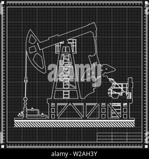 Oil pump silhouette on blueprint background. Vector Stock Vector