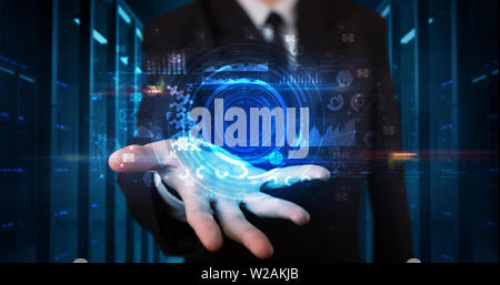 Man holding hologram projection displaying biometric security concept Stock Photo