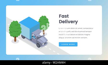 Delivery isometric landing page vector template. Shipping goods by truck, delivery service, express shipment website layout. Courier in car, logistics and distribution 3d concept Stock Vector