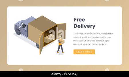 Free delivery isometric landing page vector template. Cargo shipping, express shipment service website layout. Courier, deliveryman with parcel and delivery truck 3d concept Stock Vector
