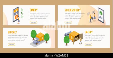 Delivery isometric landing pages vector template. Simply, quickly, shipping, safely, successfully delivery parcel to door website, webpage steps. Customer and courier 3d illustrations concept Stock Vector