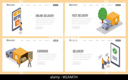 Delivery service isometric landing page vector template set. Online shopping, carriage, purchase, e-commerce, packages delivery website. Courier service, goods shipment to consumer 3d concept Stock Vector