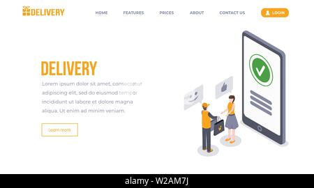 Delivery isometric landing page vector template. Express delivery service, goods shipping, online ordering website, webpage. Young woman, courier delivering order at destination point 3d concept Stock Vector