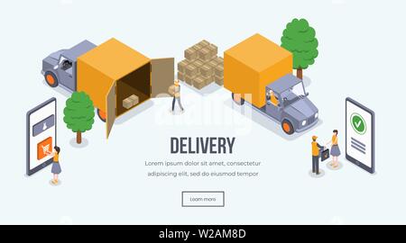 Delivery isometric landing page vector template. Online shopping, order and delivery, truck loading website layout. Shipping vehicle, courier giving parcel to customer 3d concept Stock Vector