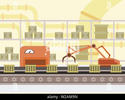 Automated production line cartoon illustration. Boxes on factory conveyor belt, robot hand modern automotive technology, smart industry. Warehouse, post office robotized equipment drawing Stock Vector