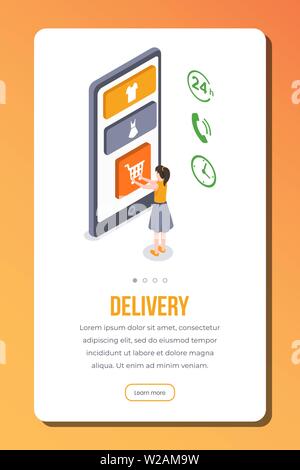 Delivery isometric app page vector template. Female customer, buyer doing shopping, order online shipment. Responsive smartphone onboarding website design, webpage walkthrough steps Stock Vector