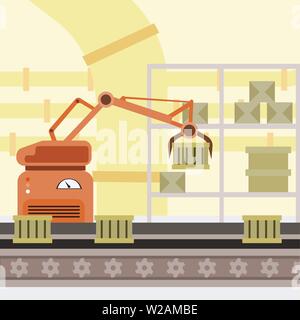 Robotized production line cartoon illustration. Manufacturing automated process, boxes on conveyor belt, robot hand modern automotive technology. Warehouse robotized equipment, smart industry drawing Stock Vector