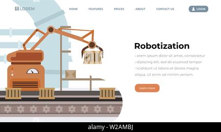 Factory equipment robotization vector landing page. Automated production line, containers on conveyor belt, robot hand holding box. Automotive manufacturing process color website homepage layout Stock Vector