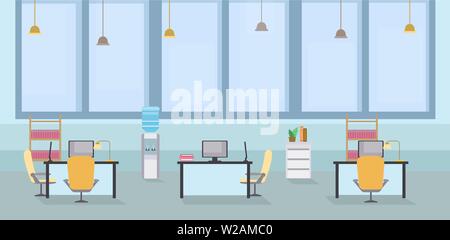 Empty office interior cartoon vector illustration. Coworking open space, tables with chairs in workplace, computer monitors and lamps on desktops. Workspace with modern furniture drawing Stock Vector