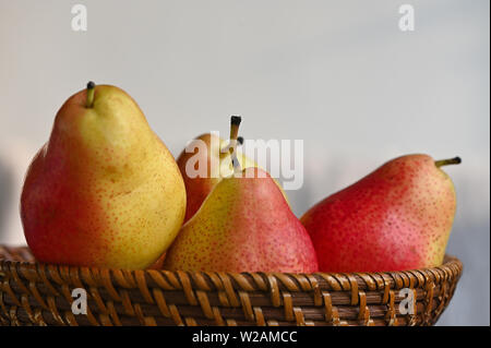 Close up of red and yellow pears in basket Stock Photo