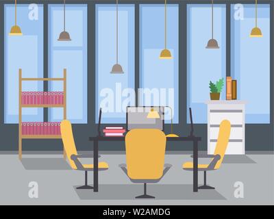 Modern office interior design flat illustration. Coworking open space, contemporary building workplace with table, chairs and monitors on desktop furniture. CEO, company boss private office drawing Stock Vector