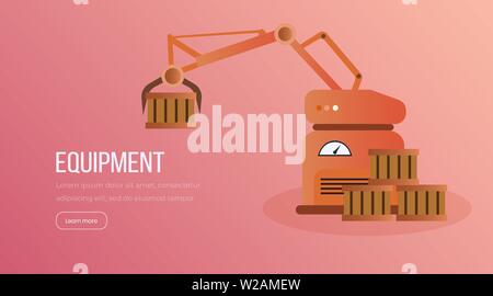 Automated factory equipment vector landing page. Robot hand holding box, robotized instrument moving wooden containers illustration. Automotive manufacturing process website homepage layout Stock Vector