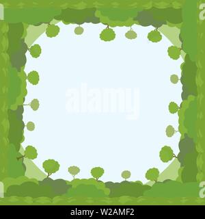 Trees and bushes frame template. Green eco plants and grass landscape, spring and summer nature, botany garden social media banner with copyspace. Botanical scenery border flat layout Stock Vector