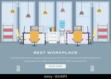 Coworking workspace landing page flat template. Modern empty office interior, corporate workplace with furniture web banner design. Employees, coworkers office website homepage layout Stock Vector