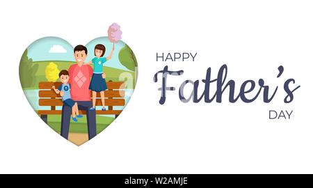 Happy father day vector banner layout. Smiling son and daughter sitting on bench in park with daddy cartoon characters. Happy family eating sweet cotton candy flat illustration with typography Stock Vector