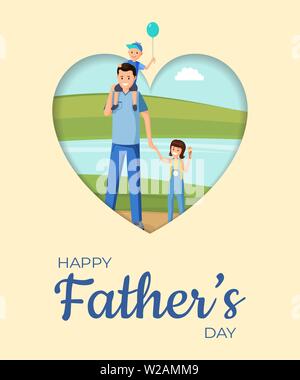 Fatherhood holiday flat banner vector layout. Happy parenting, festive postcard cartoon concept. Family celebrates father day together, parent and children on walk illustration with typography Stock Vector