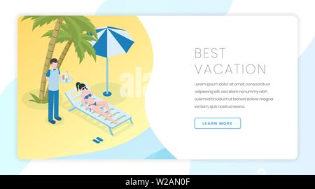 Sand beach recreation landing page template. Summer tourism, tropical resort website homepage interface idea with isometric illustrations. Web banner, webpage cartoon concept with tourist and waiter Stock Vector