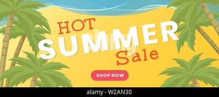 Summertime wholesale flat banner vector template. Summer season sale, shopping promotional poster concept. Palm trees on sea shore, sand beach illustration with typography and shop now button Stock Vector