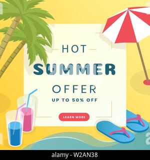 Summer sale social media banner template. Tropical resort, travel agency advertising poster concept. Palm trees, flip flops, umbrella and cocktails flat vector illustration with typography Stock Vector