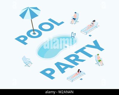 Summer activity flat banner vector template. Summertime season event, tropical outdoor leisure advertising poster concept. Tourists sunbathing near pool isometric vector illustration with typography Stock Vector