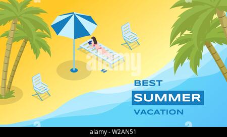 Summer holidays leisure vector banner template. Sea resort, vacation season advertising poster concept. Young woman in bikini sunbathing on chaise lounge isometric illustration with typography Stock Vector