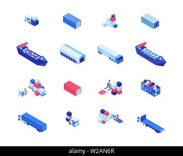 Commercial shipping isometric vector illustrations set. Freight ships, warehouse storage, forklifts carrying cargo and lorry trucks. Maritime shipment delivery, transportation industry design elements Stock Vector