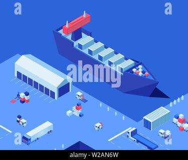 Empty shipping dock isometric vector illustration. Warehouse storage, industrial ship and freight trucks at seaport. Merchandise transportation business, maritime delivery service, cargo distribution Stock Vector