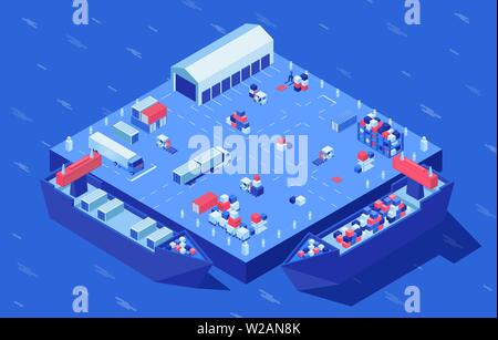 Container yard isometric vector illustration. Freight vessel, merchandise and industrial cargo at logistics hub. Marine commerce, goods distribution and storage service, shipment delivery service Stock Vector
