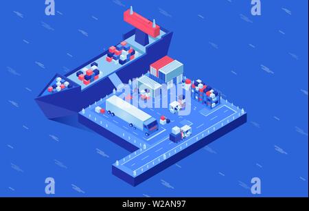 Shipment transportation isometric vector illustration. Industrial vessel loading in seaport, freight ships logistics hub. Cargo shipping service, import and export business, maritime conveyance Stock Vector