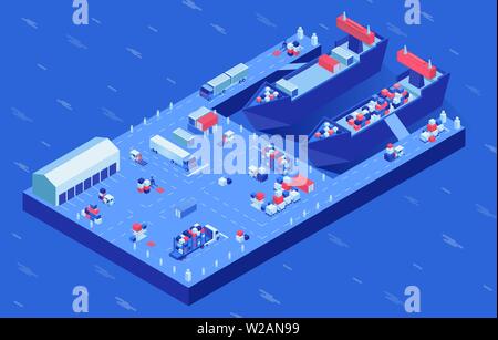 Tanker ships in harbor isometric vector illustration. Industrial vessel loading process, marine and ground transport at docks. Container shipping, import and export business, shipment storage service Stock Vector