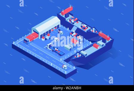 Ships at shipyard isometric vector illustration. Commercial marine transport in logistics hub surrounded by water. Shipment distribution service, merchandise shipping, sea freight business Stock Vector