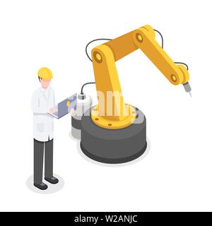 Engineer, programmer controlling robotic arm manually. Robotics, cybernetics scientist working with technology isometric vector illustration. Automated, preprogrammed production technology 3d concept Stock Vector