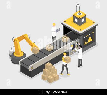 People With Automation Belt Machine With Mechanic Gear Background 