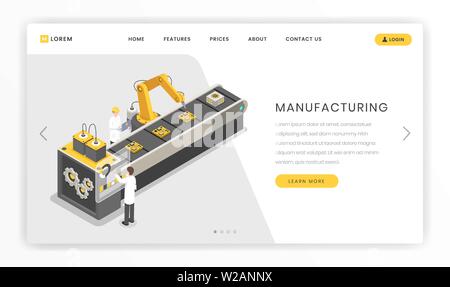 Manufacturing plant, factory landing page template. Production, assembly line engineers and workers vector online webpage illustration. Conveyor belt, automated manufacture process website Stock Vector